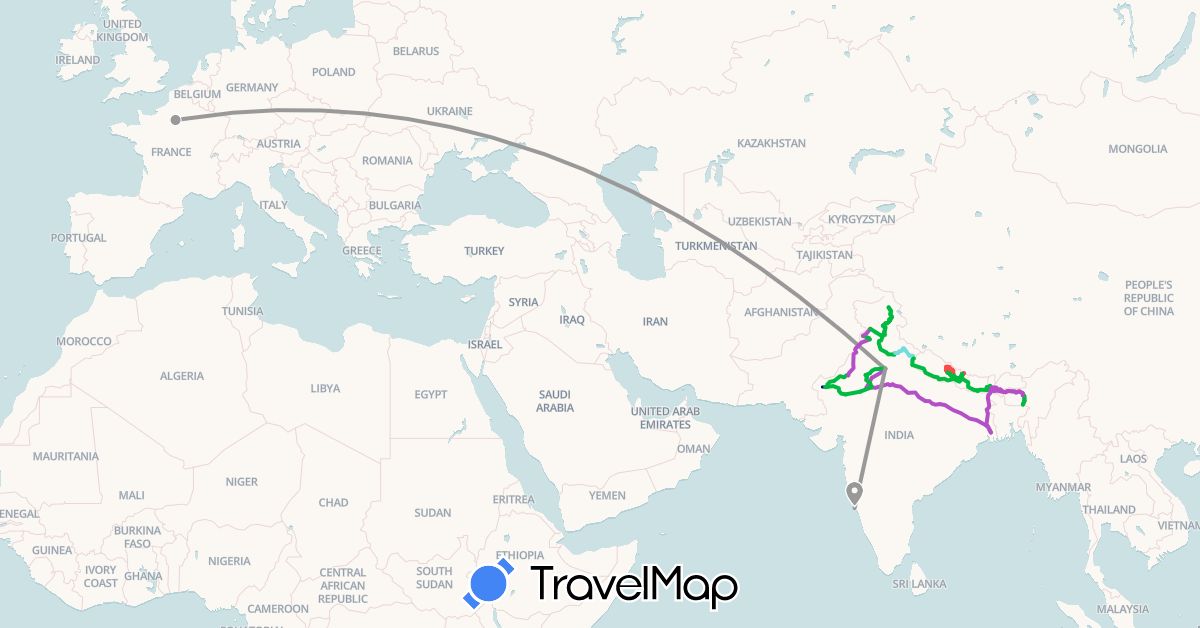 TravelMap itinerary: driving, bus, plane, train, hiking, jeep in France, India, Nepal (Asia, Europe)